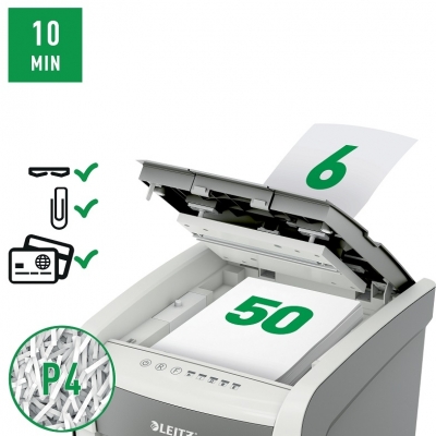 Distrugator documente automat Leitz IQ Small Office, P4, cross-cut (confeti), 50 coli, cos 20l, alb-gri